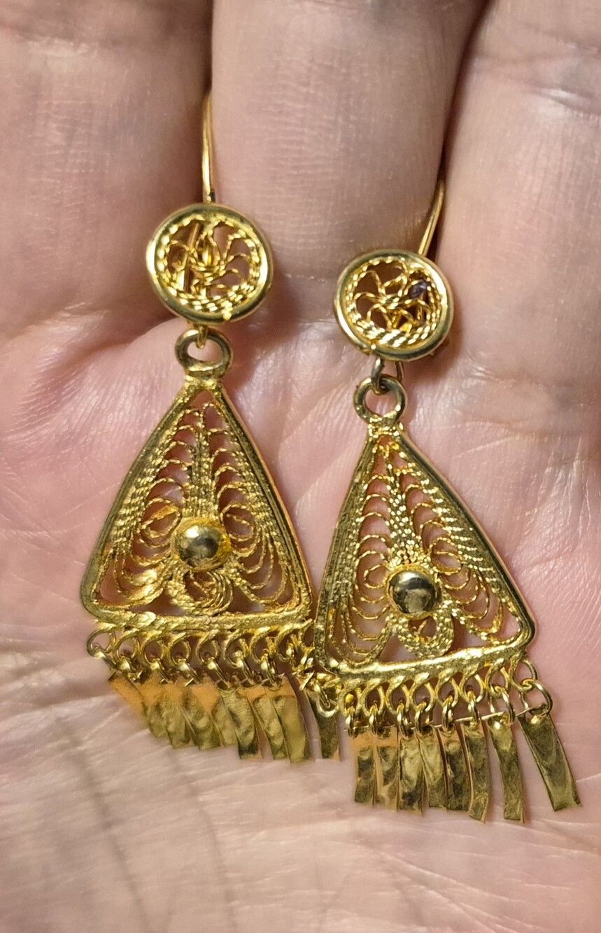 VTG 18 k GOLD FILIGREE VERMEIR EARRINGS ORNATE DANGLES 2.5 inch OAXACA MEXICO